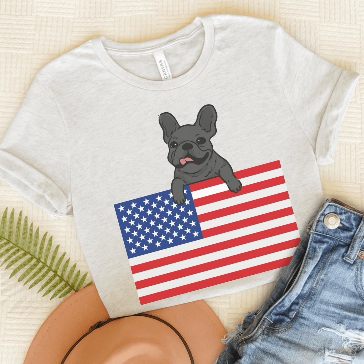 Custom Flag Black Frenchie USA TShirt Ash
