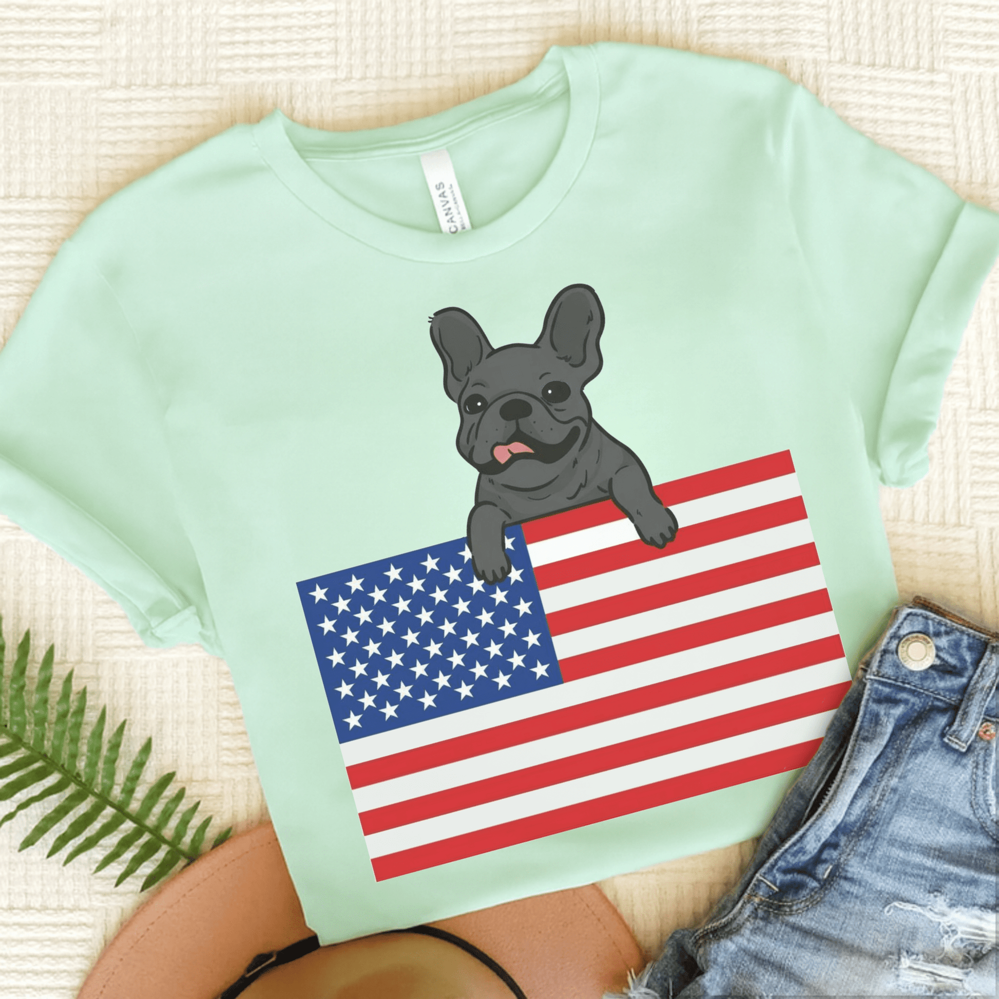 Custom Flag Black Frenchie USA TShirt Heather Mint