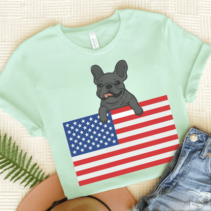 Custom Flag Black Frenchie USA TShirt Heather Mint