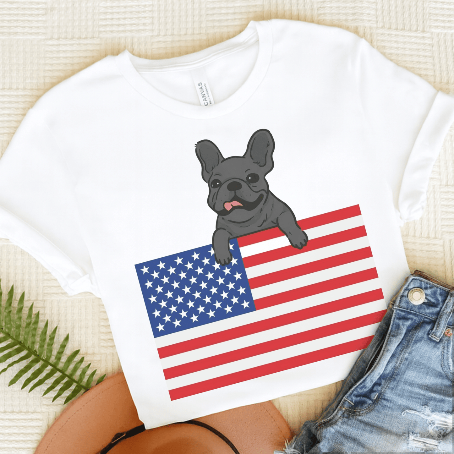 Custom Flag Black Frenchie USA TShirt White