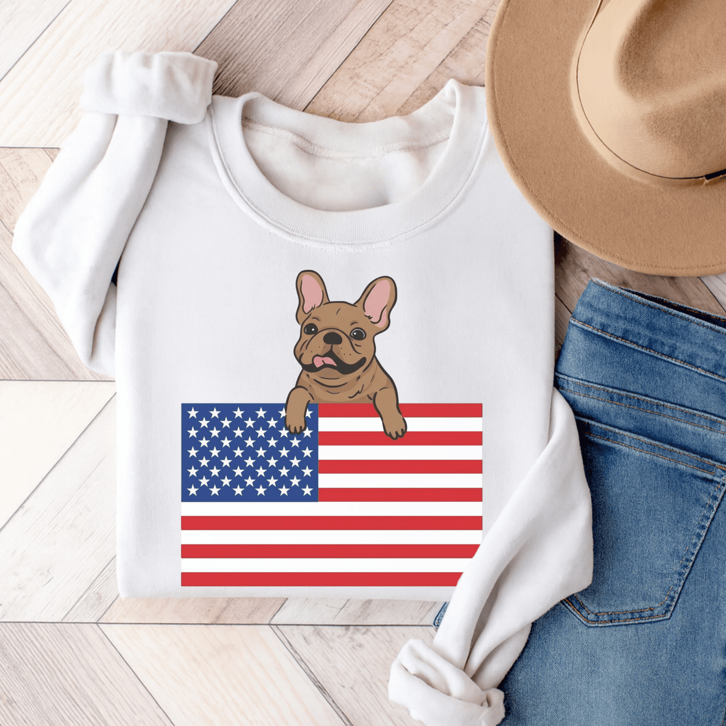 Custom Flag Fawn French Bulldog USA Sweatshirt White