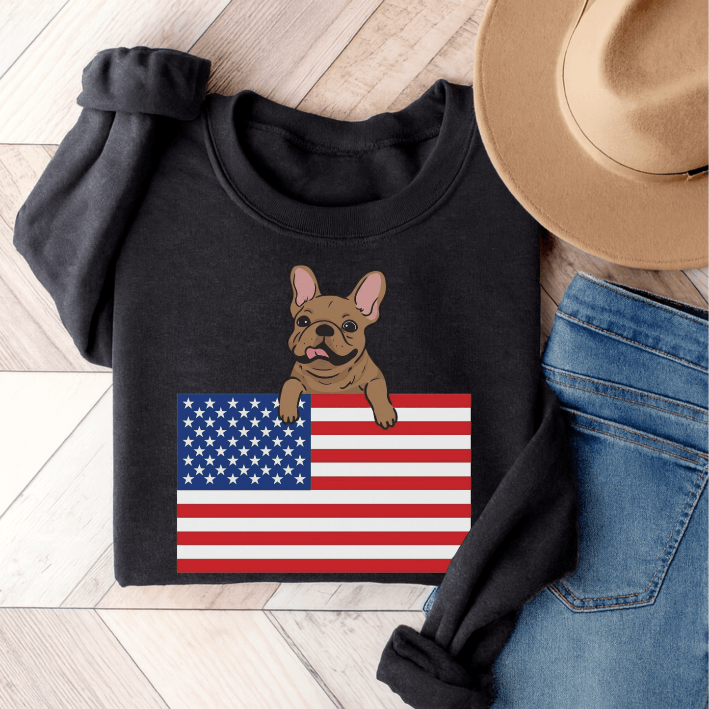 Custom Flag Fawn French Bulldog USA Sweatshirt Dark Heather