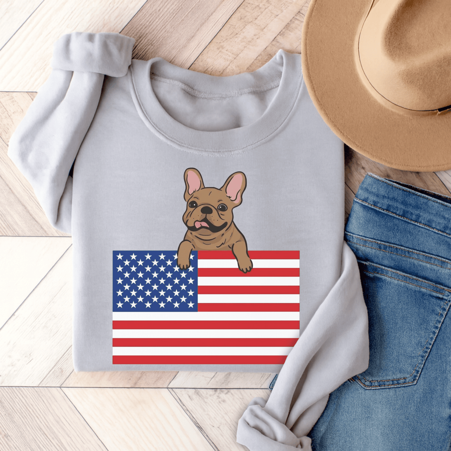 Custom Flag Fawn French Bulldog USA Sweatshirt Ash
