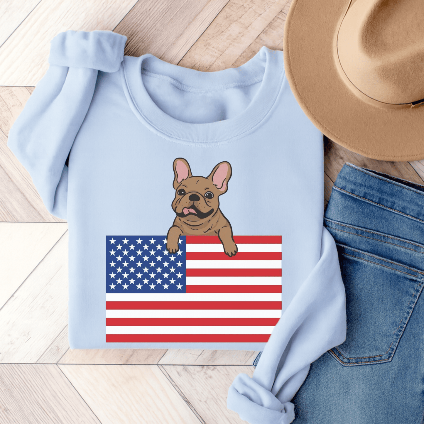 Custom Flag Fawn French Bulldog USA Sweatshirt Light Blue