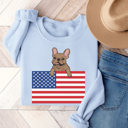 Custom Flag Fawn French Bulldog USA Sweatshirt Light Blue