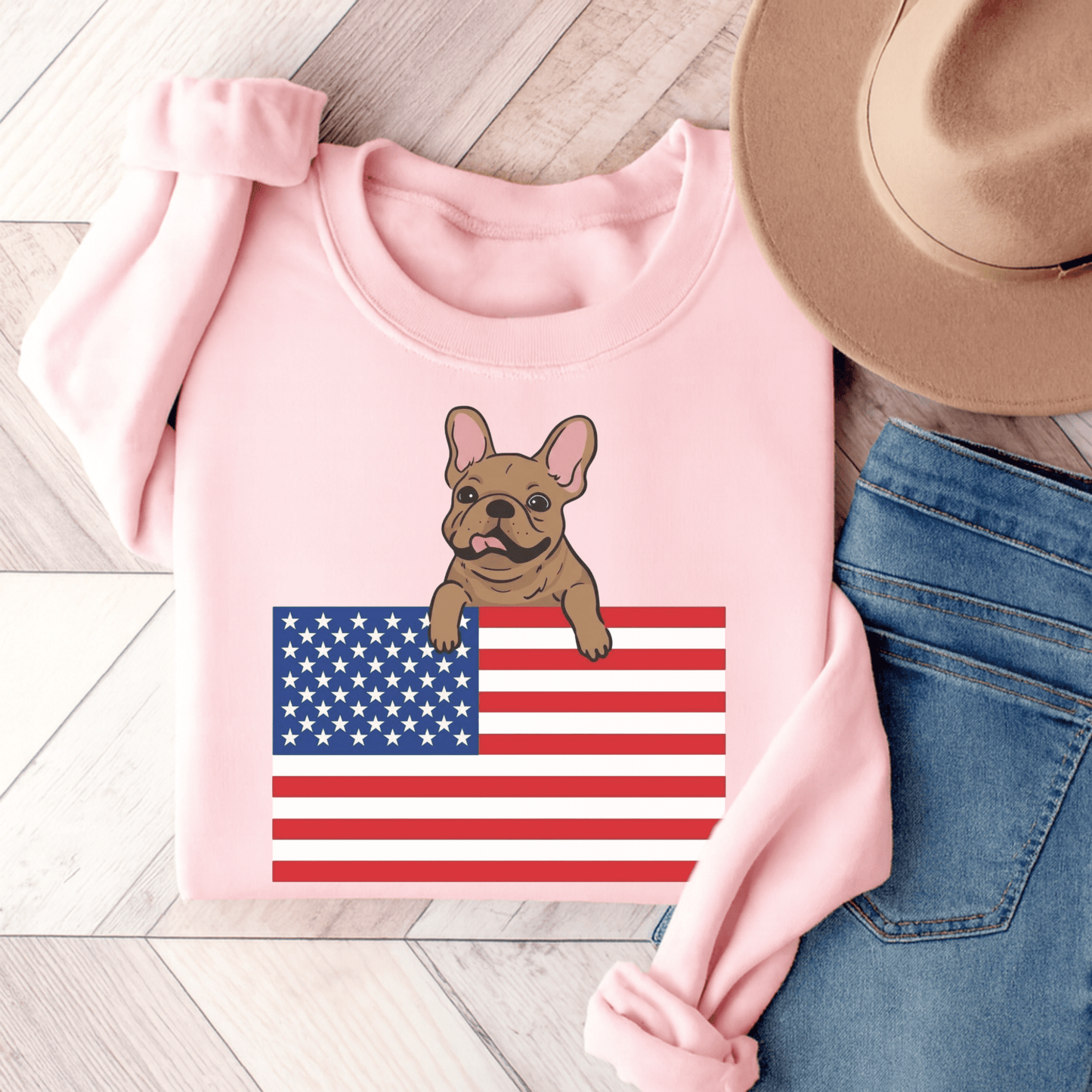 Custom Flag Fawn French Bulldog USA Sweatshirt Light Pink