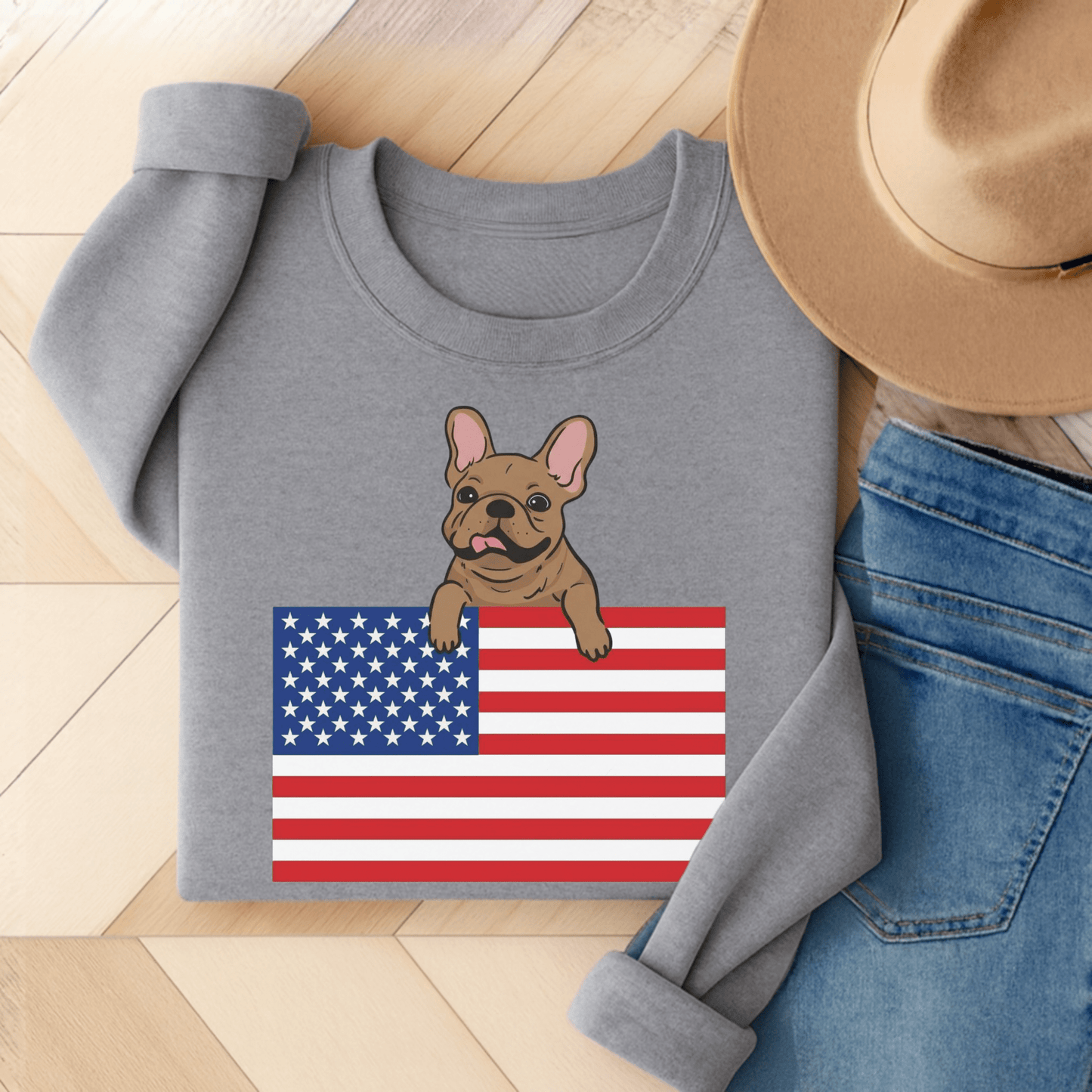 Custom Flag Fawn French Bulldog USA Sweatshirt Sport Grey