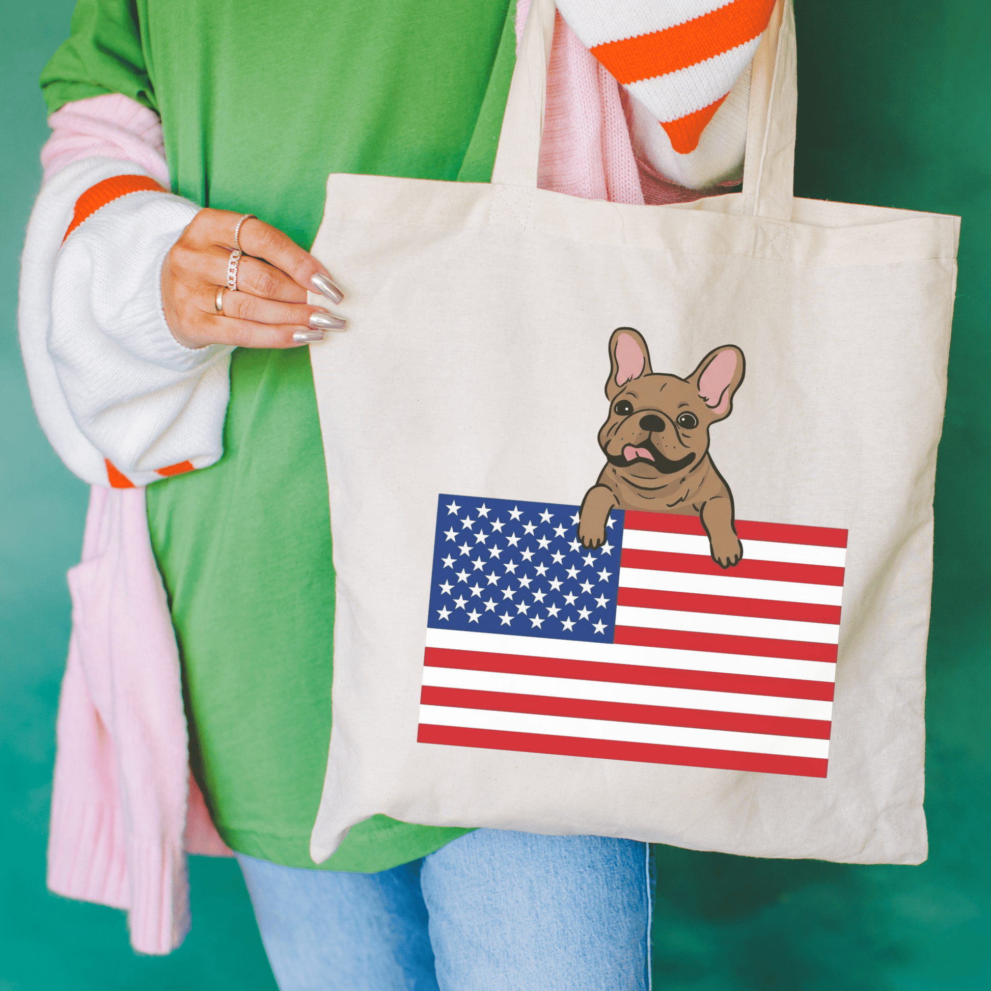 Custom Flag Fawn Frenchie USA Tote Bag Natural 15" x 16"