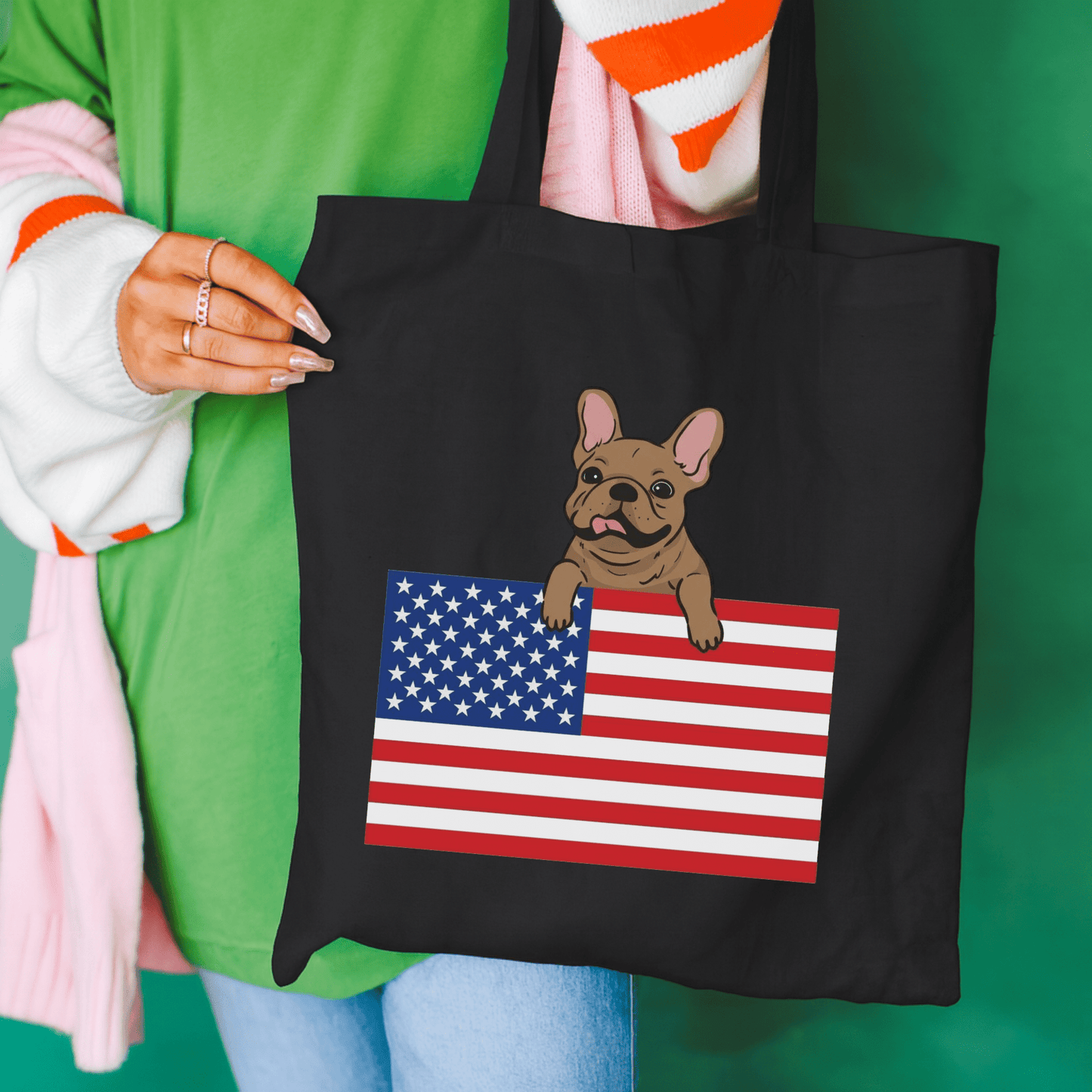 Custom Flag Fawn Frenchie USA Tote Bag Black 15" x 16"