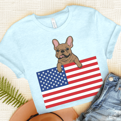 Custom Flag Fawn Frenchie USA TShirt Heather Ice Blue