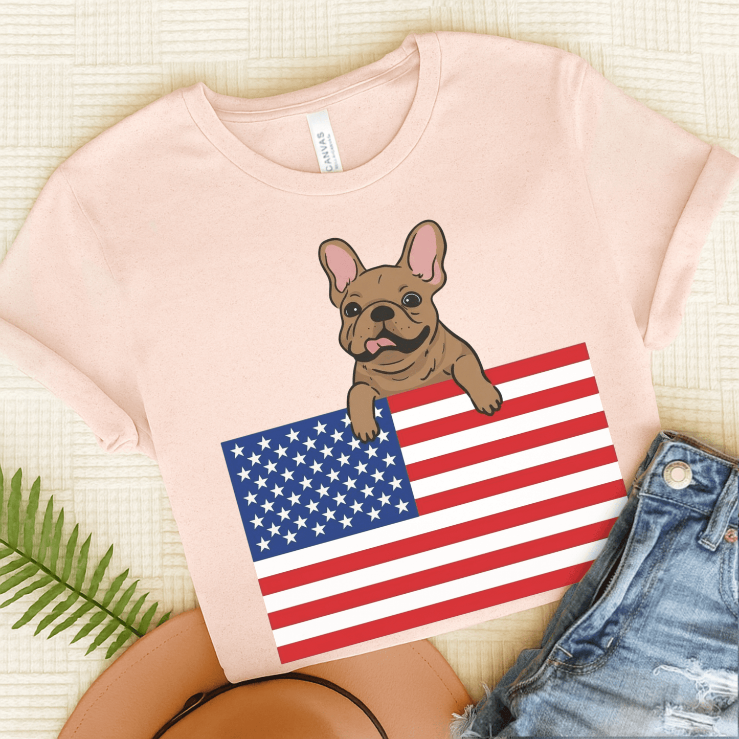 Custom Flag Fawn Frenchie USA TShirt Soft Pink