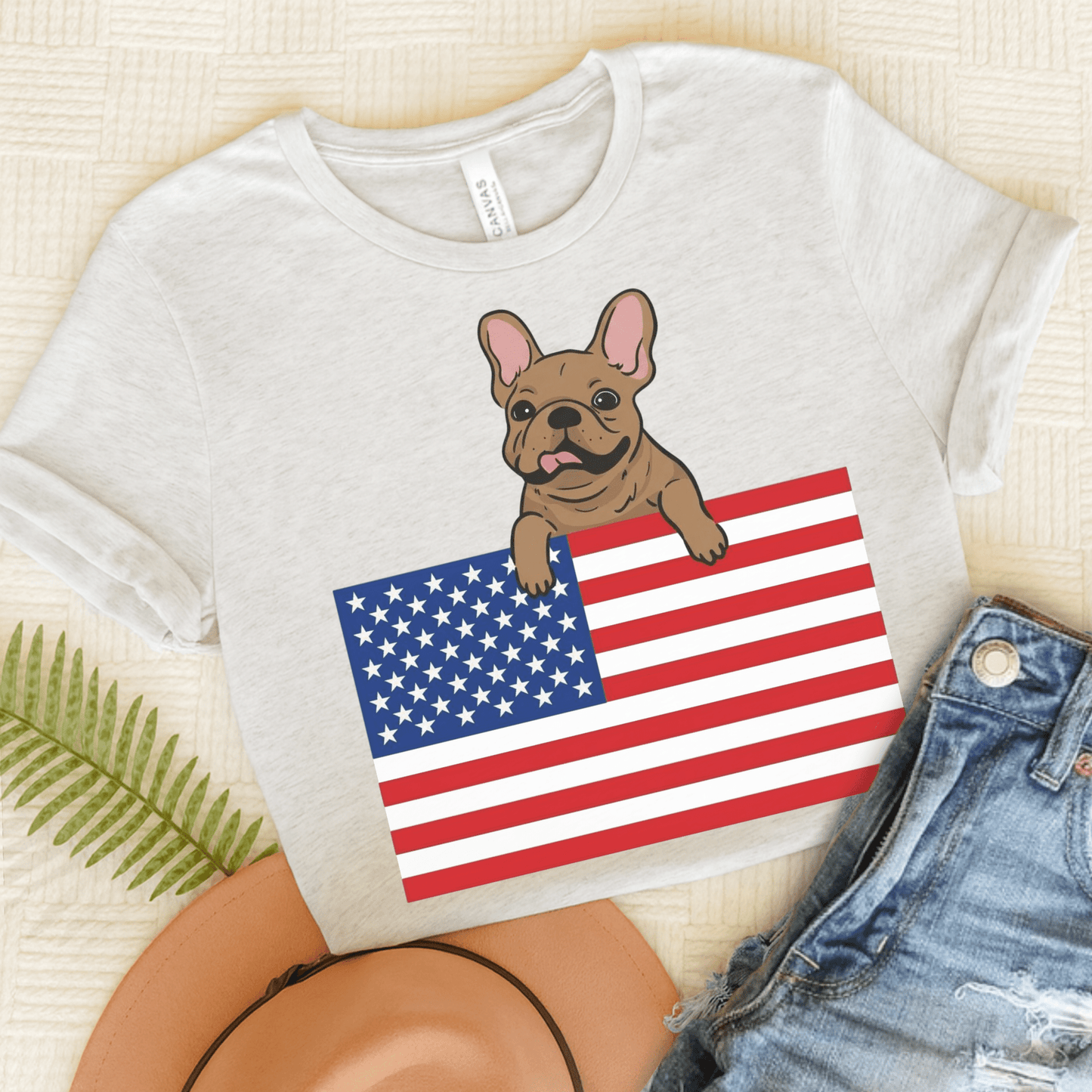 Custom Flag Fawn Frenchie USA TShirt Ash