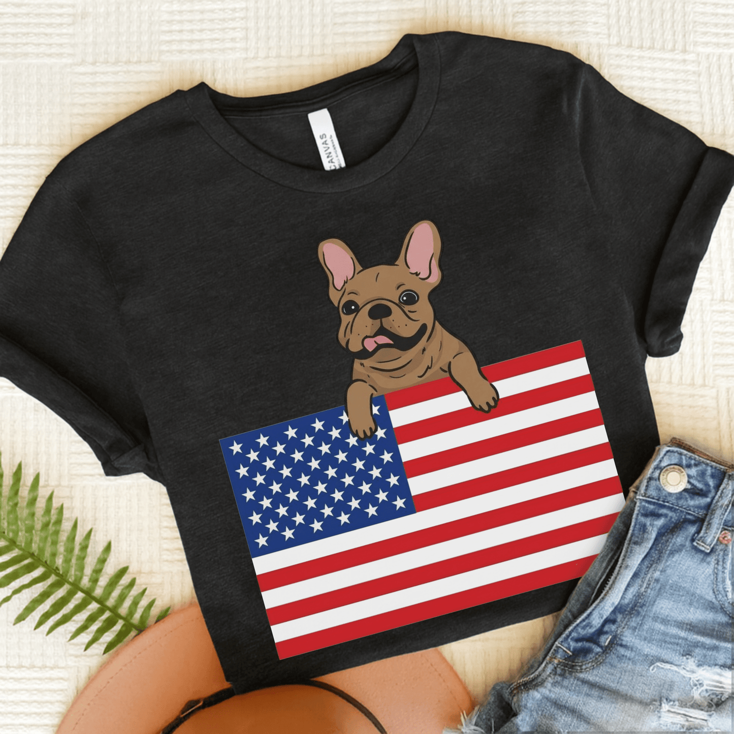 Custom Flag Fawn Frenchie USA TShirt Dark Grey Heather
