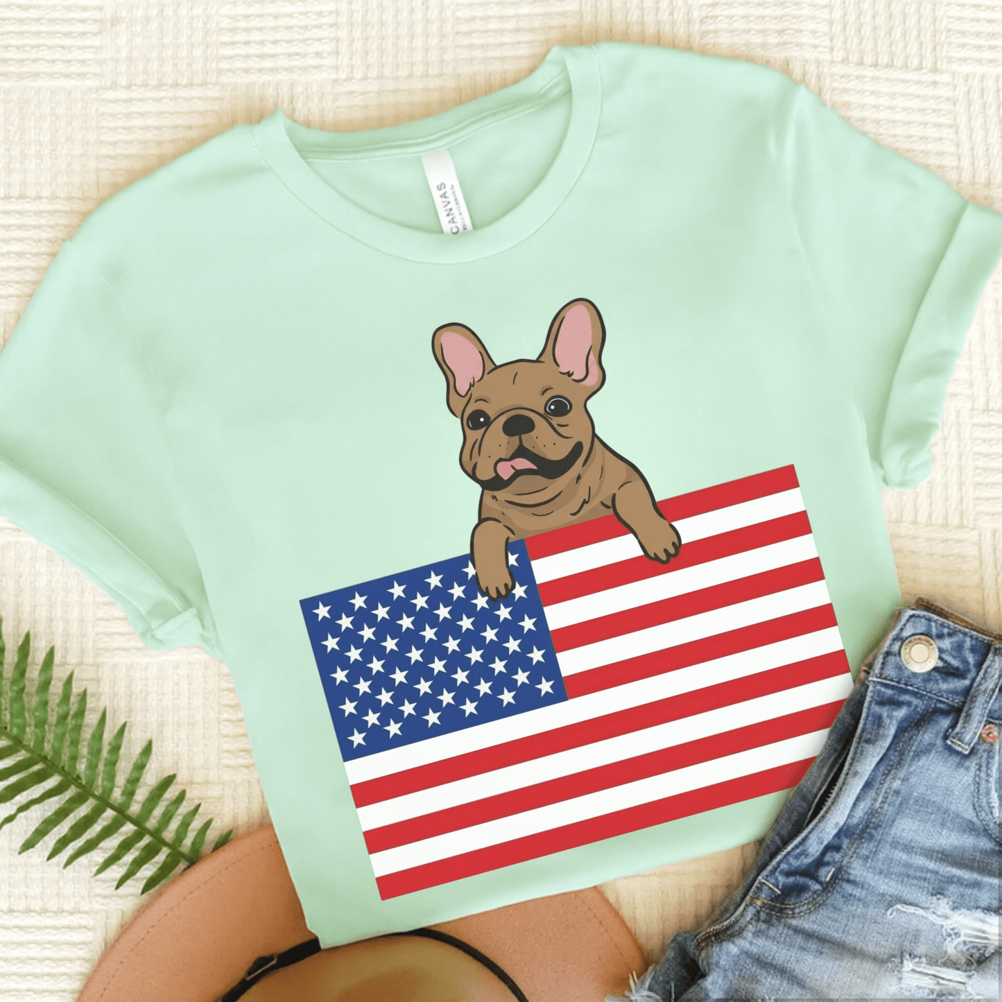 Custom Flag Fawn Frenchie USA TShirt Heather Mint