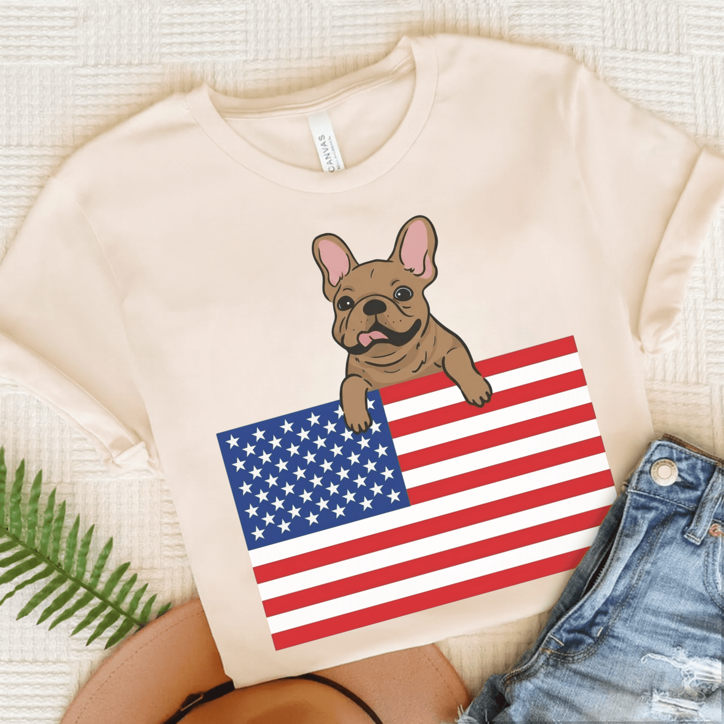 Custom Flag Fawn Frenchie USA TShirt Natural