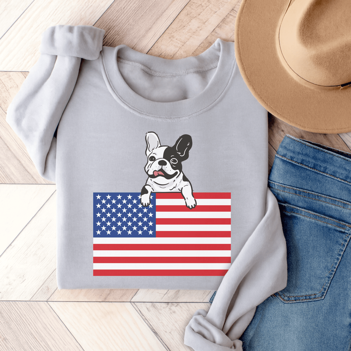 Custom Flag Piebald French Bulldog USA Sweatshirt Ash