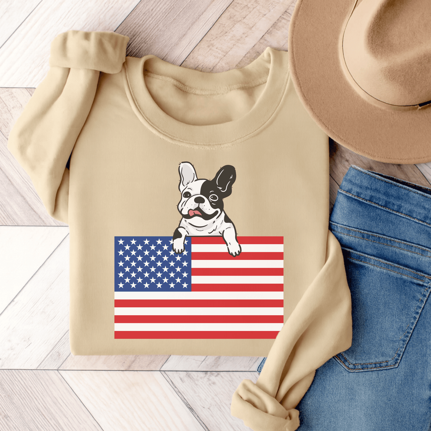 Custom Flag Piebald French Bulldog USA Sweatshirt Sand