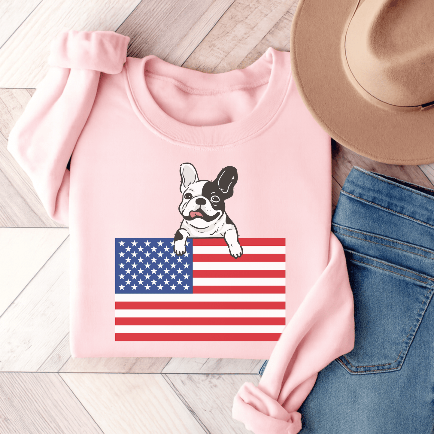 Custom Flag Piebald French Bulldog USA Sweatshirt Light Pink