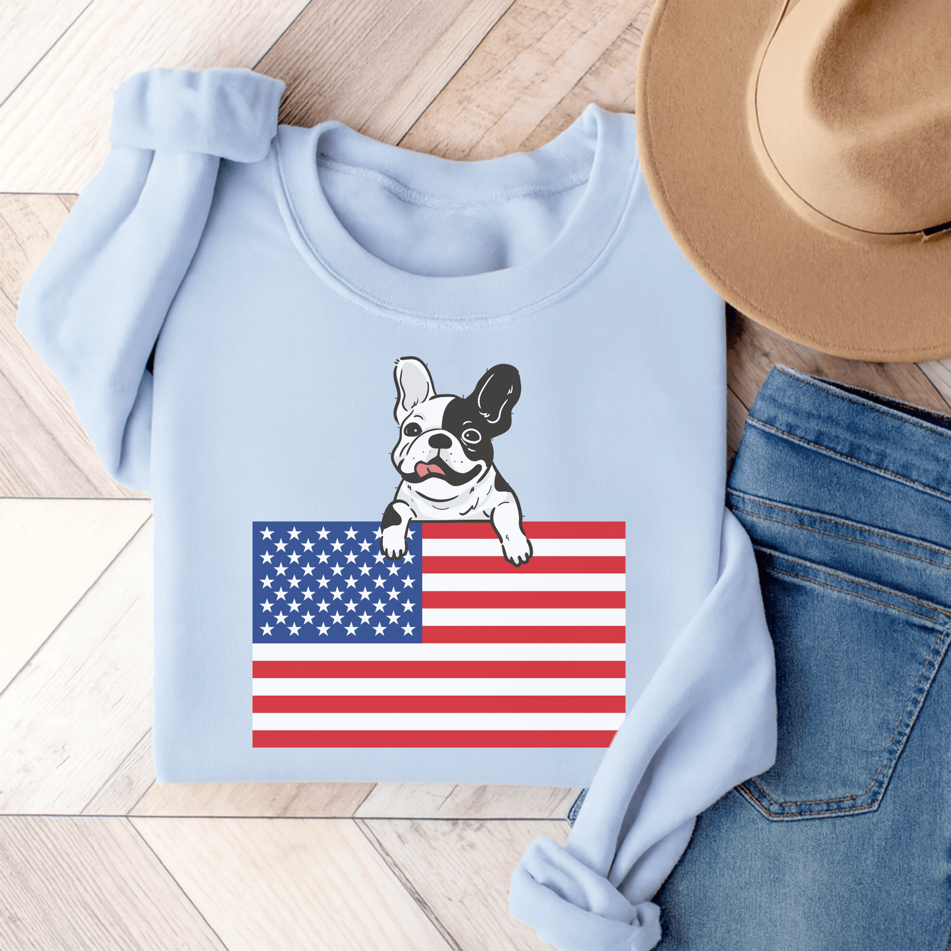 Custom Flag Piebald French Bulldog USA Sweatshirt Light Blue