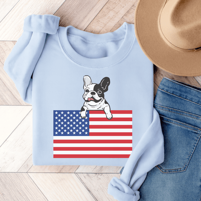 Custom Flag Piebald French Bulldog USA Sweatshirt Light Blue
