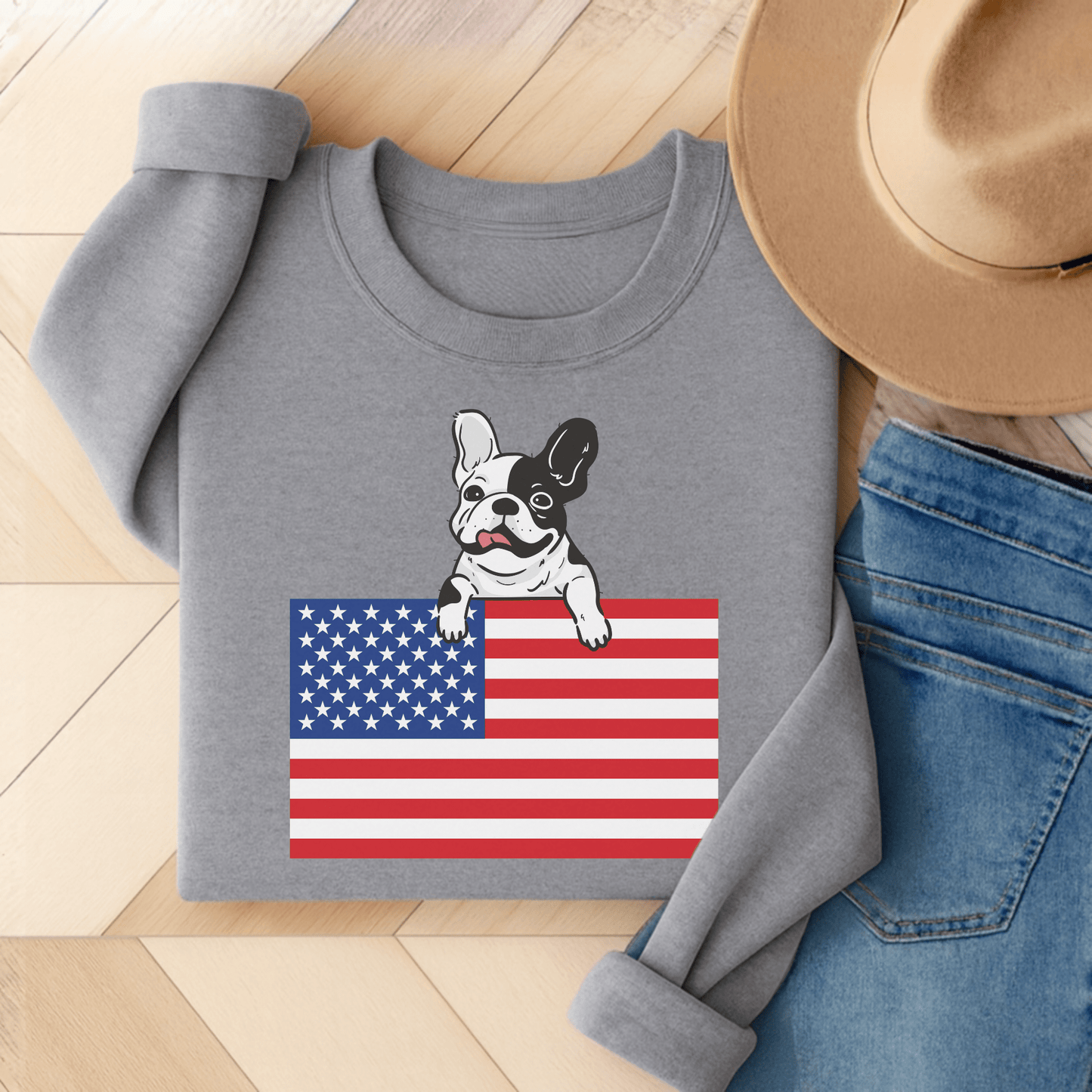 Custom Flag Piebald French Bulldog USA Sweatshirt Sport Grey