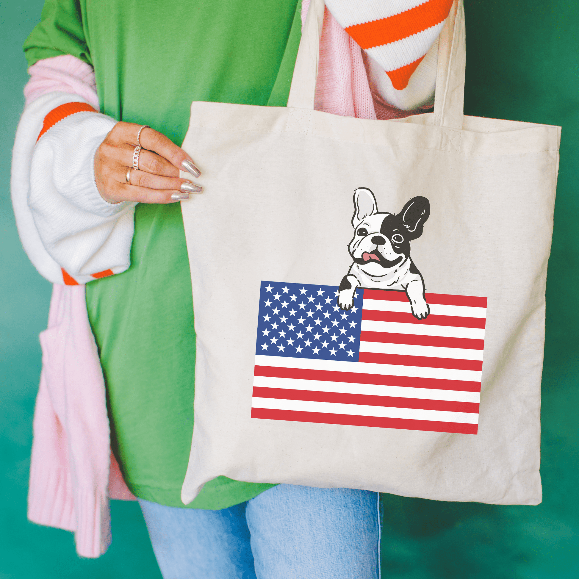 Custom Flag Piebald Frenchie USA Tote Bag Natural 15" x 16"