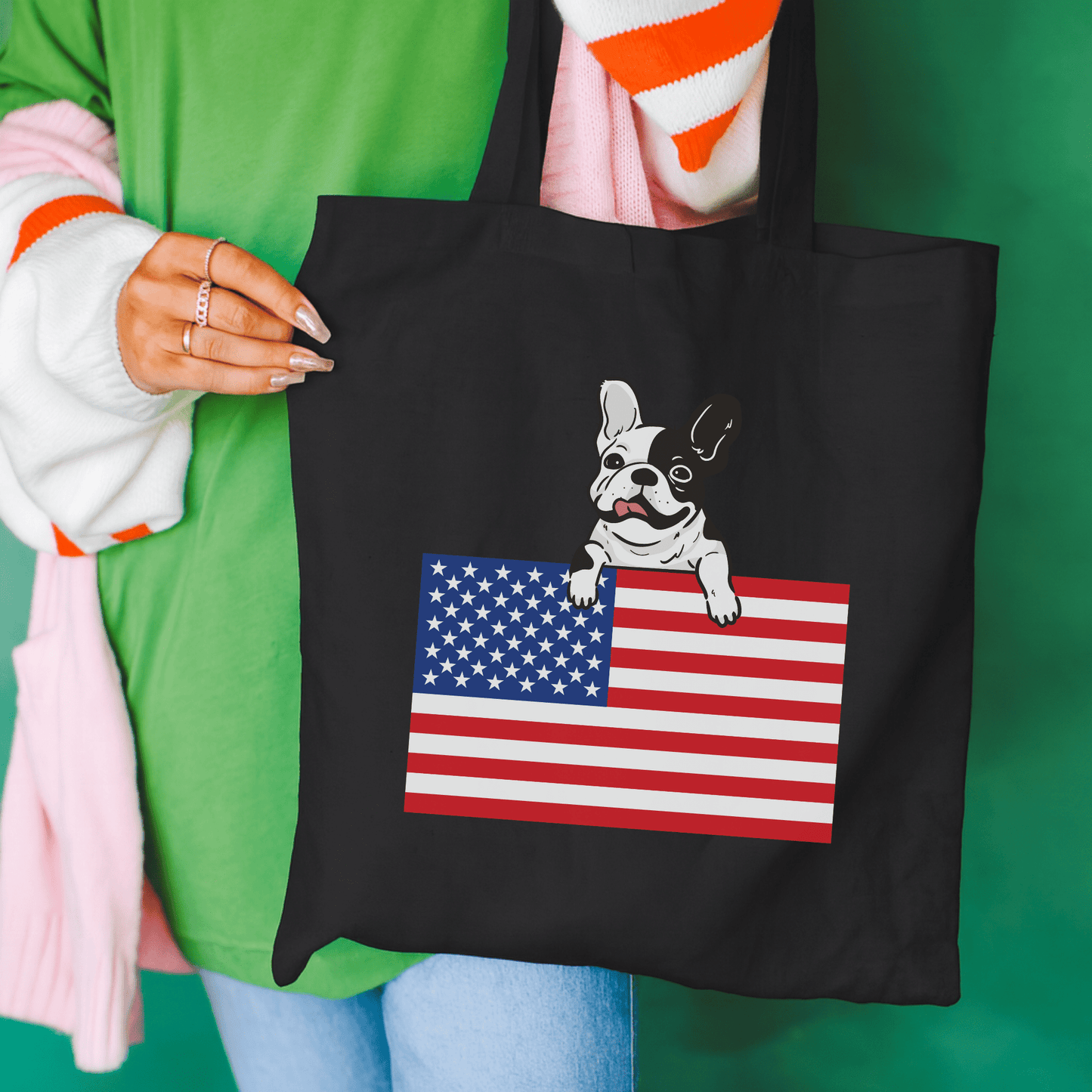 Custom Flag Piebald Frenchie USA Tote Bag Black 15" x 16"
