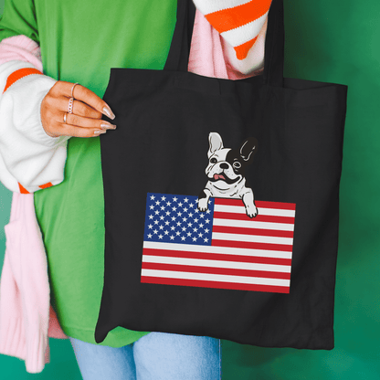 Custom Flag Piebald Frenchie USA Tote Bag Black 15" x 16"