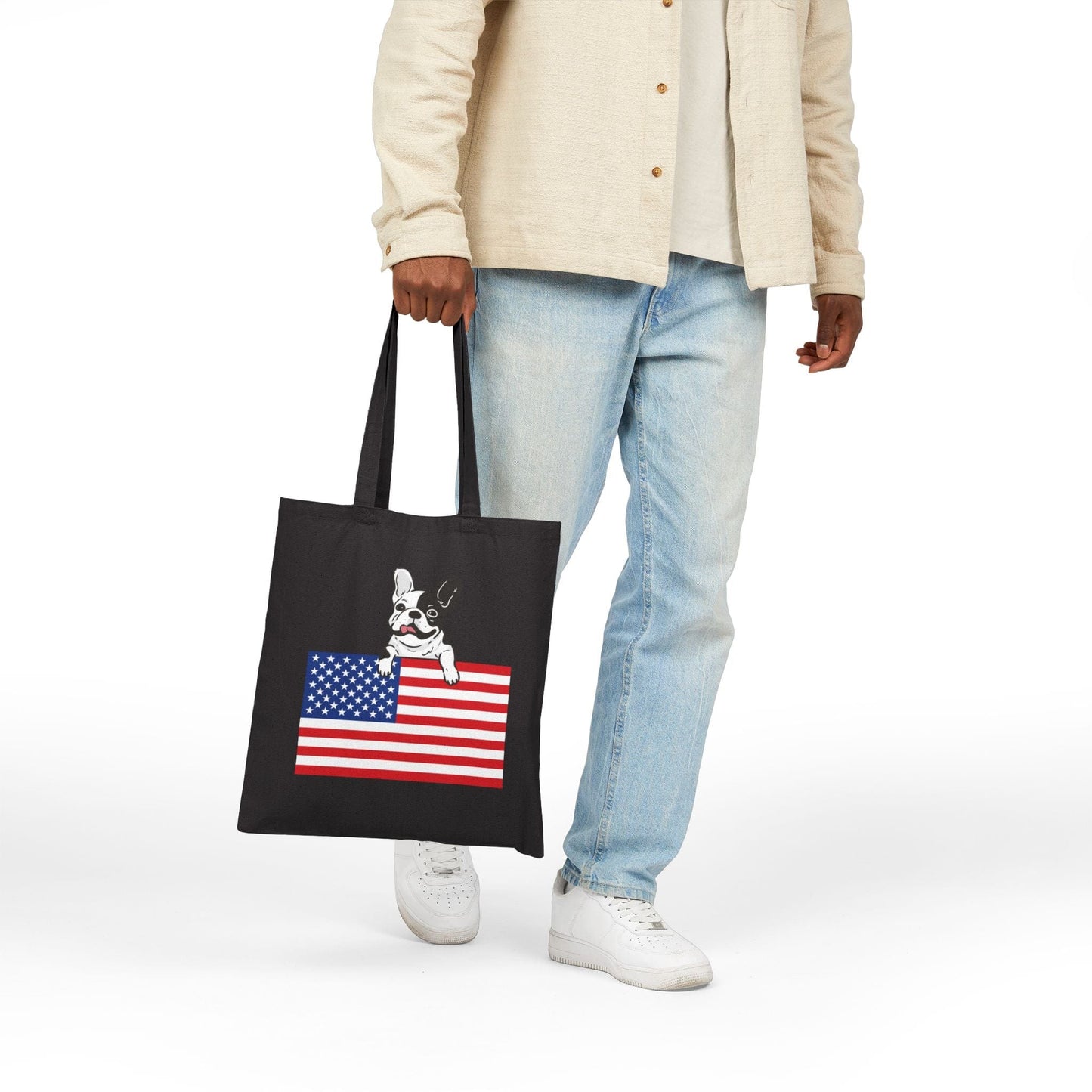 Custom Flag Piebald Frenchie USA Tote Bag