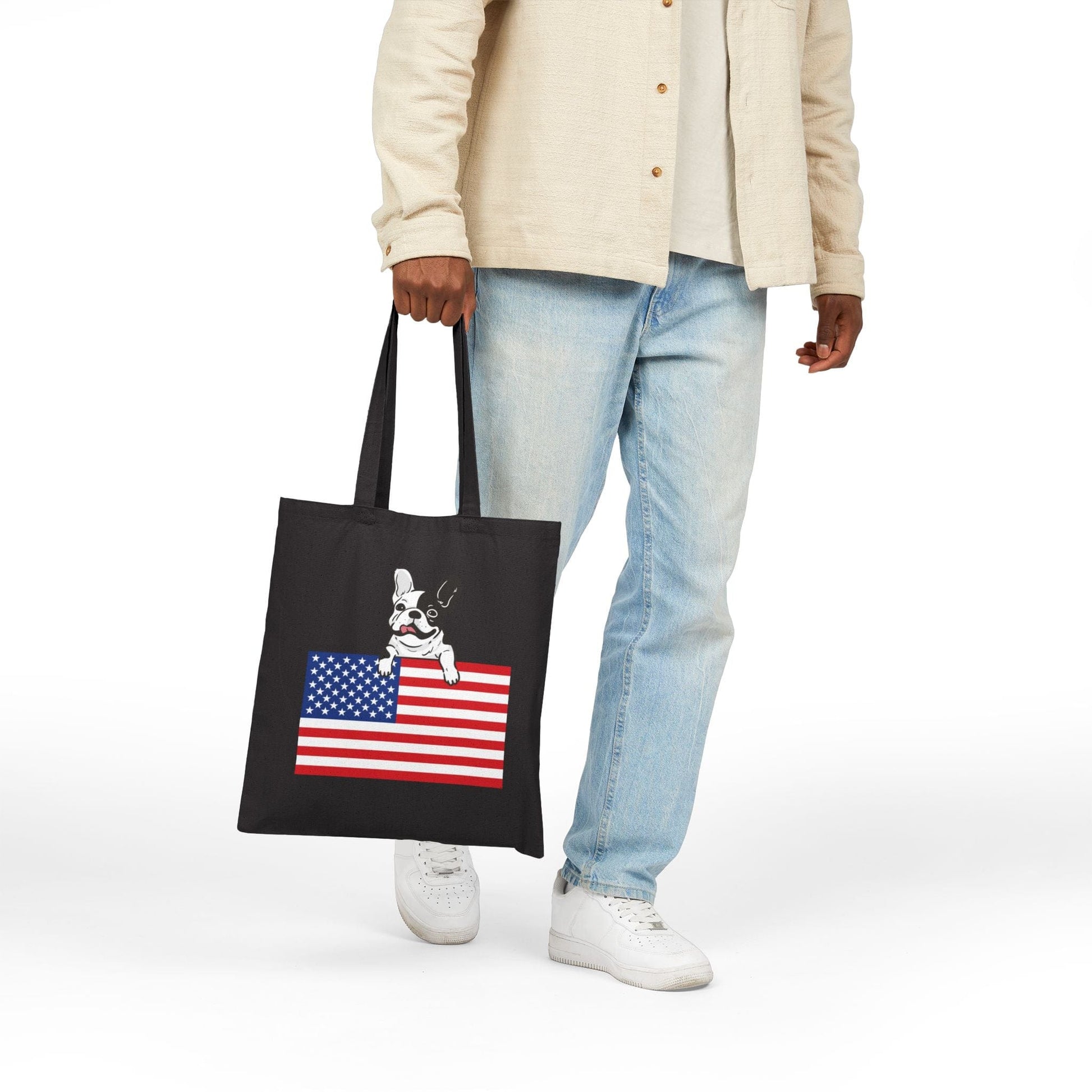 Custom Flag Piebald Frenchie USA Tote Bag