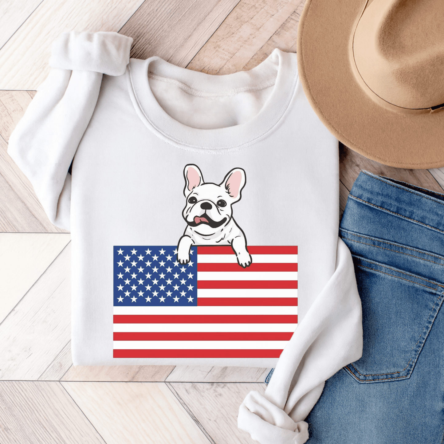 Custom Flag White French Bulldog USA Sweatshirt White