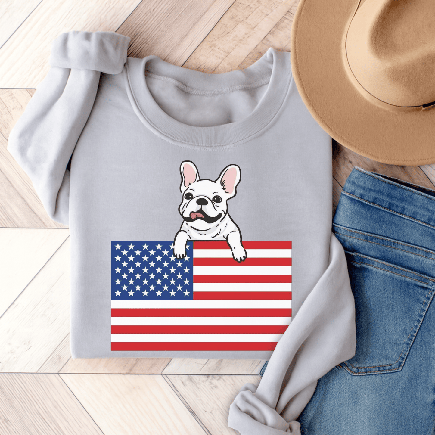 Custom Flag White French Bulldog USA Sweatshirt Ash