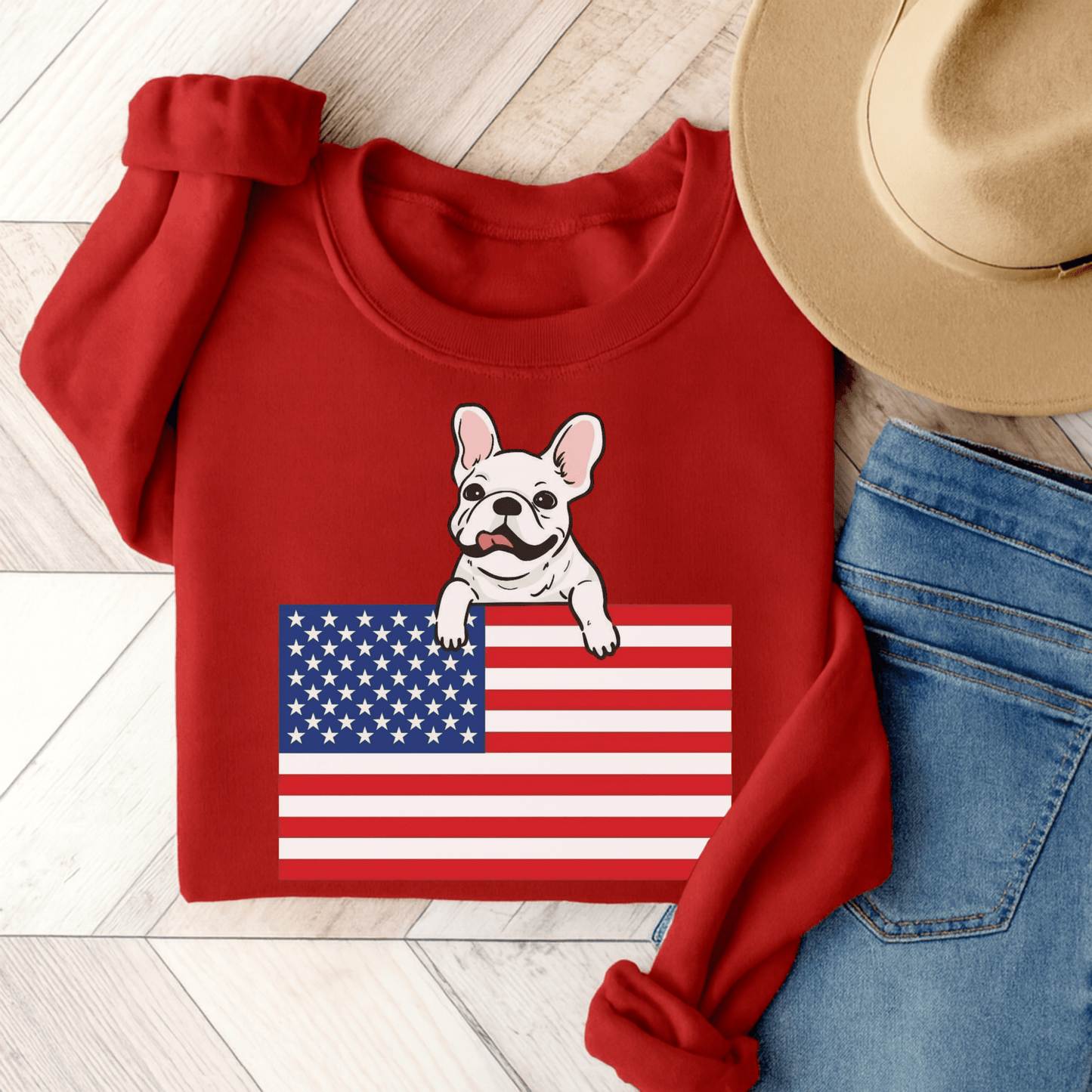 Custom Flag White French Bulldog USA Sweatshirt Red