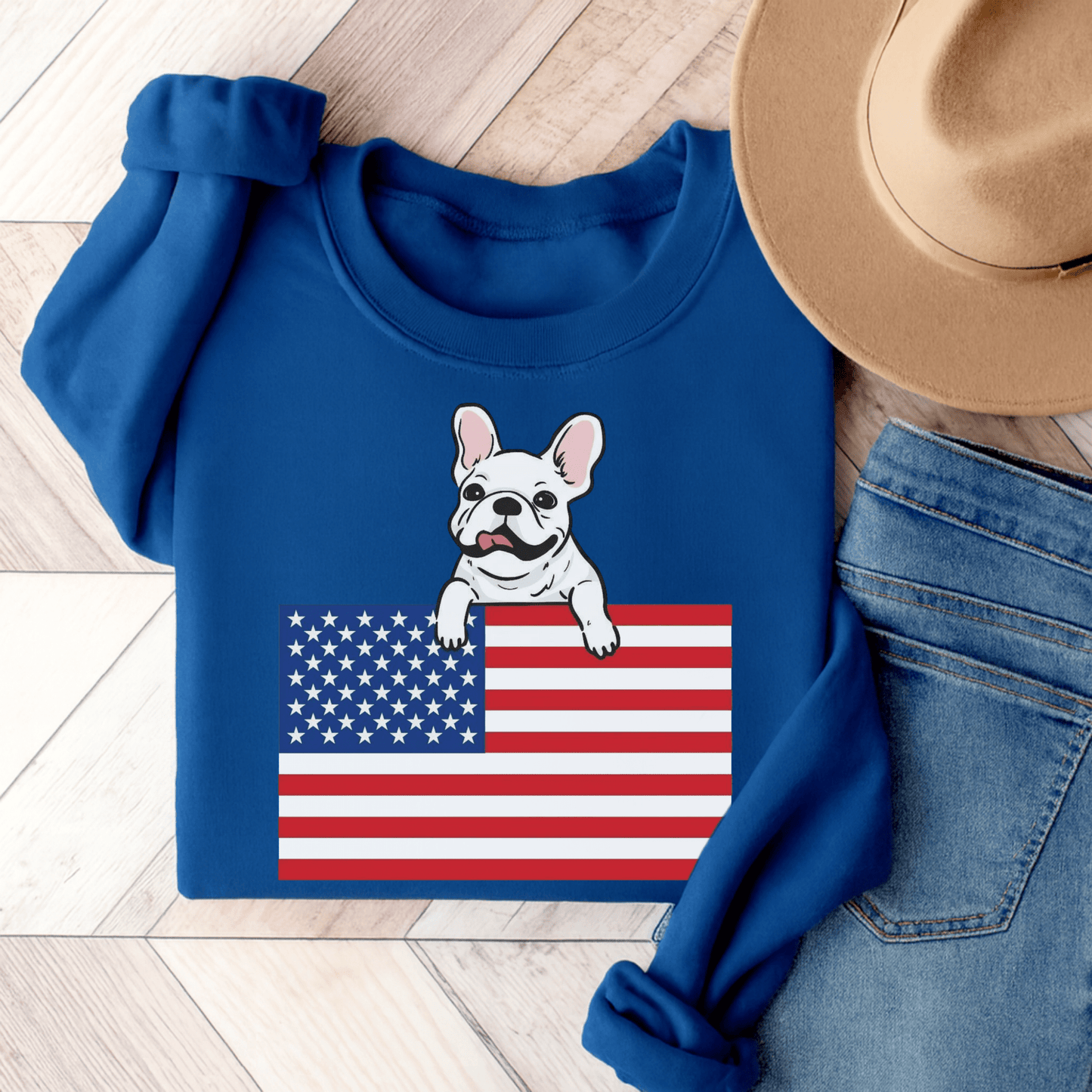 Custom Flag White French Bulldog USA Sweatshirt Royal