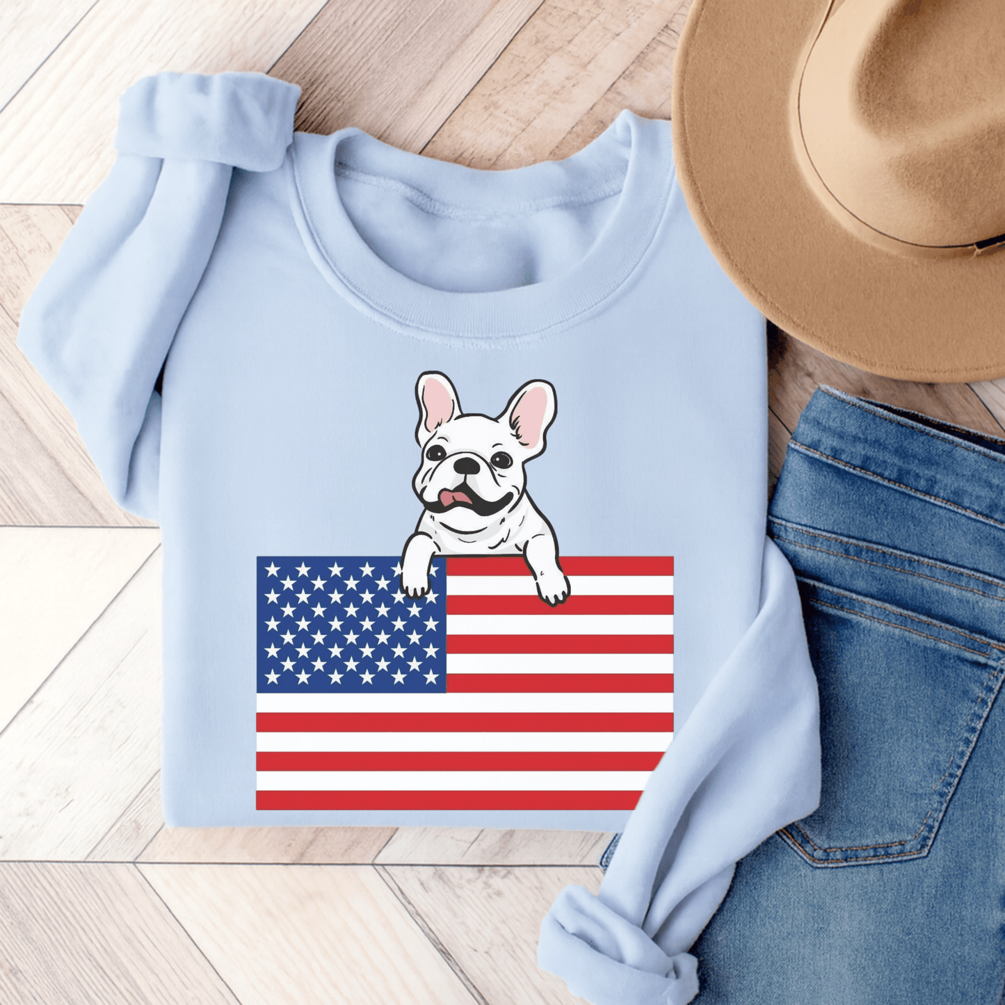Custom Flag White French Bulldog USA Sweatshirt Light Blue
