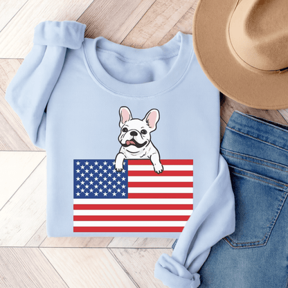 Custom Flag White French Bulldog USA Sweatshirt Light Blue