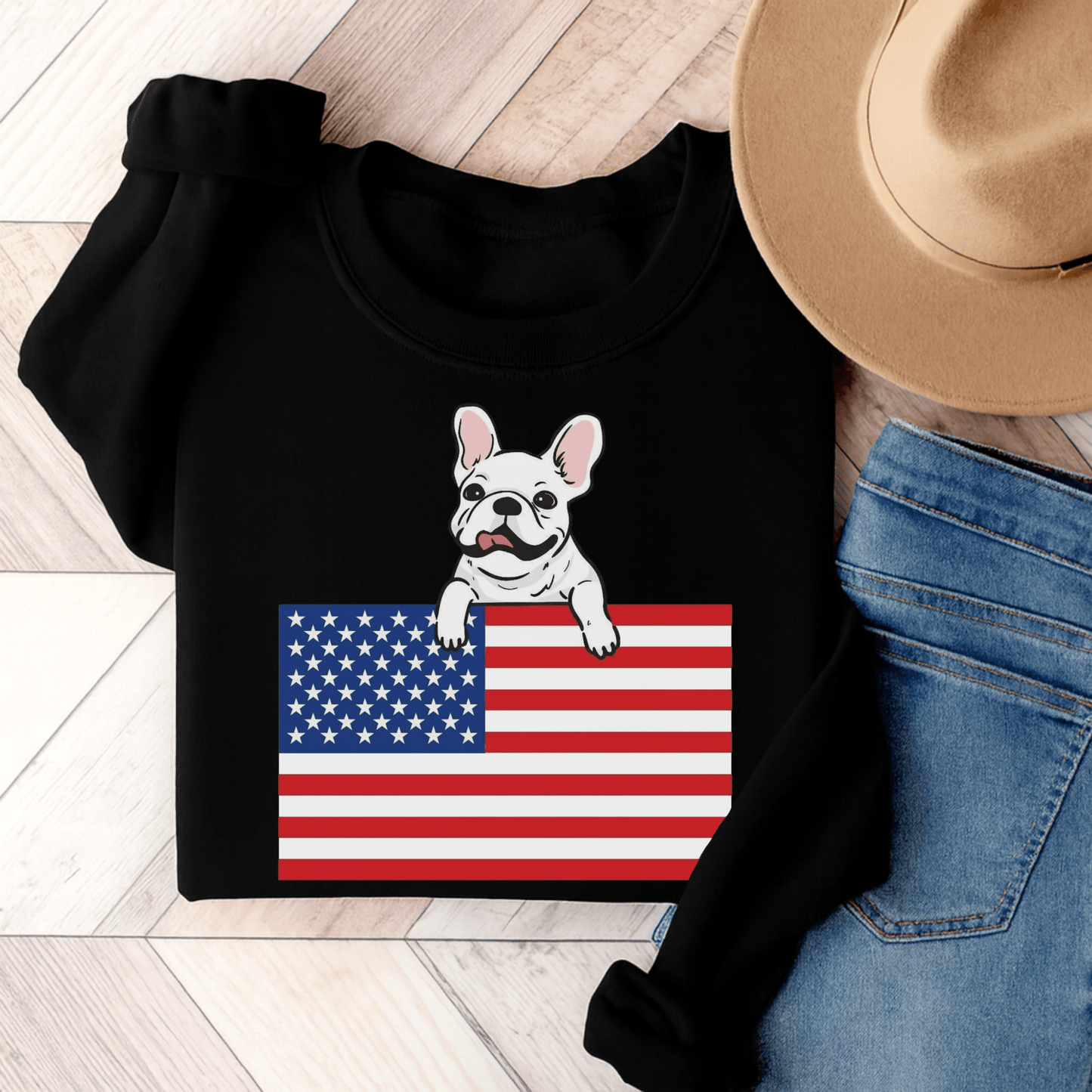 Custom Flag White French Bulldog USA Sweatshirt Black