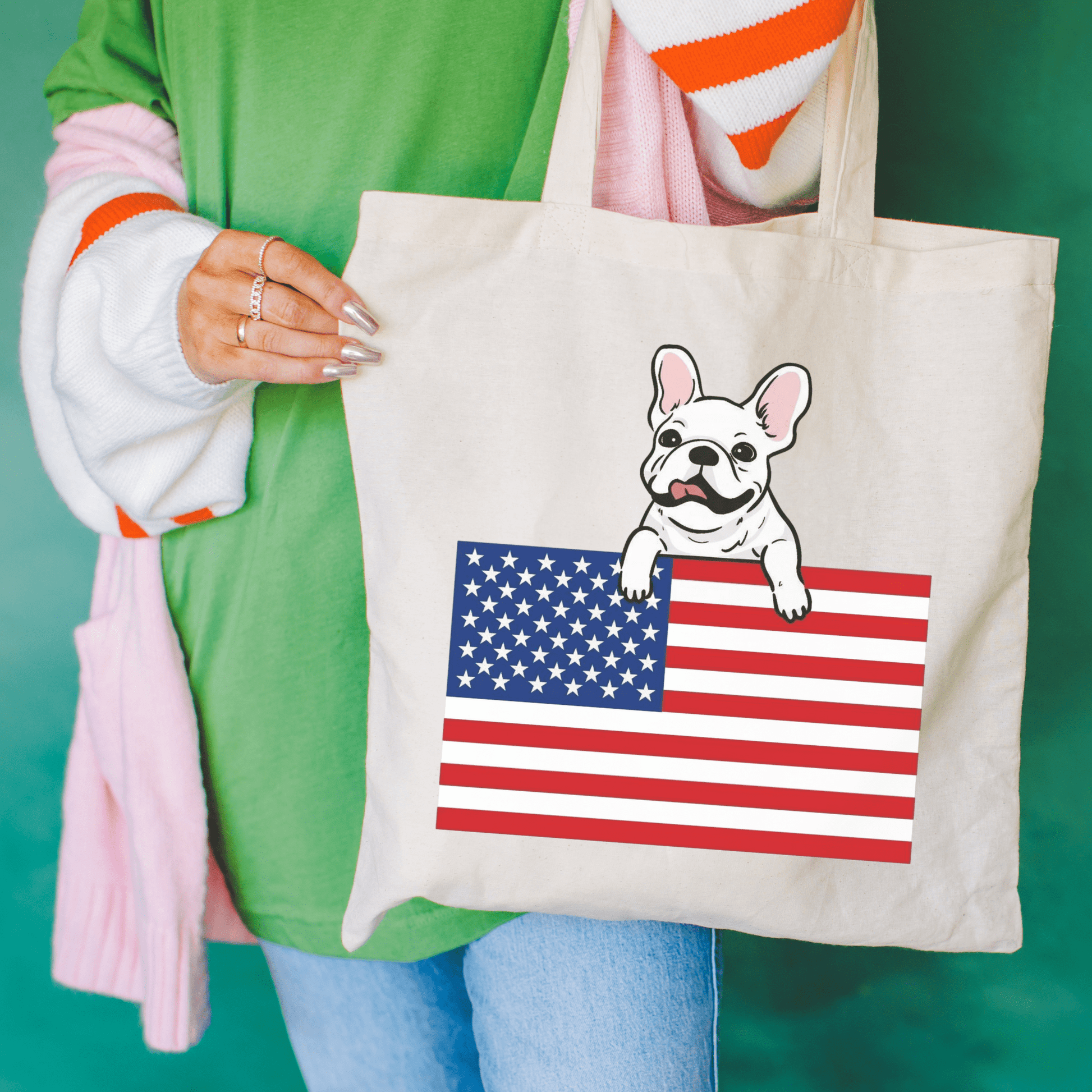 Custom Flag White Frenchie USA Tote Bag Natural 15" x 16"