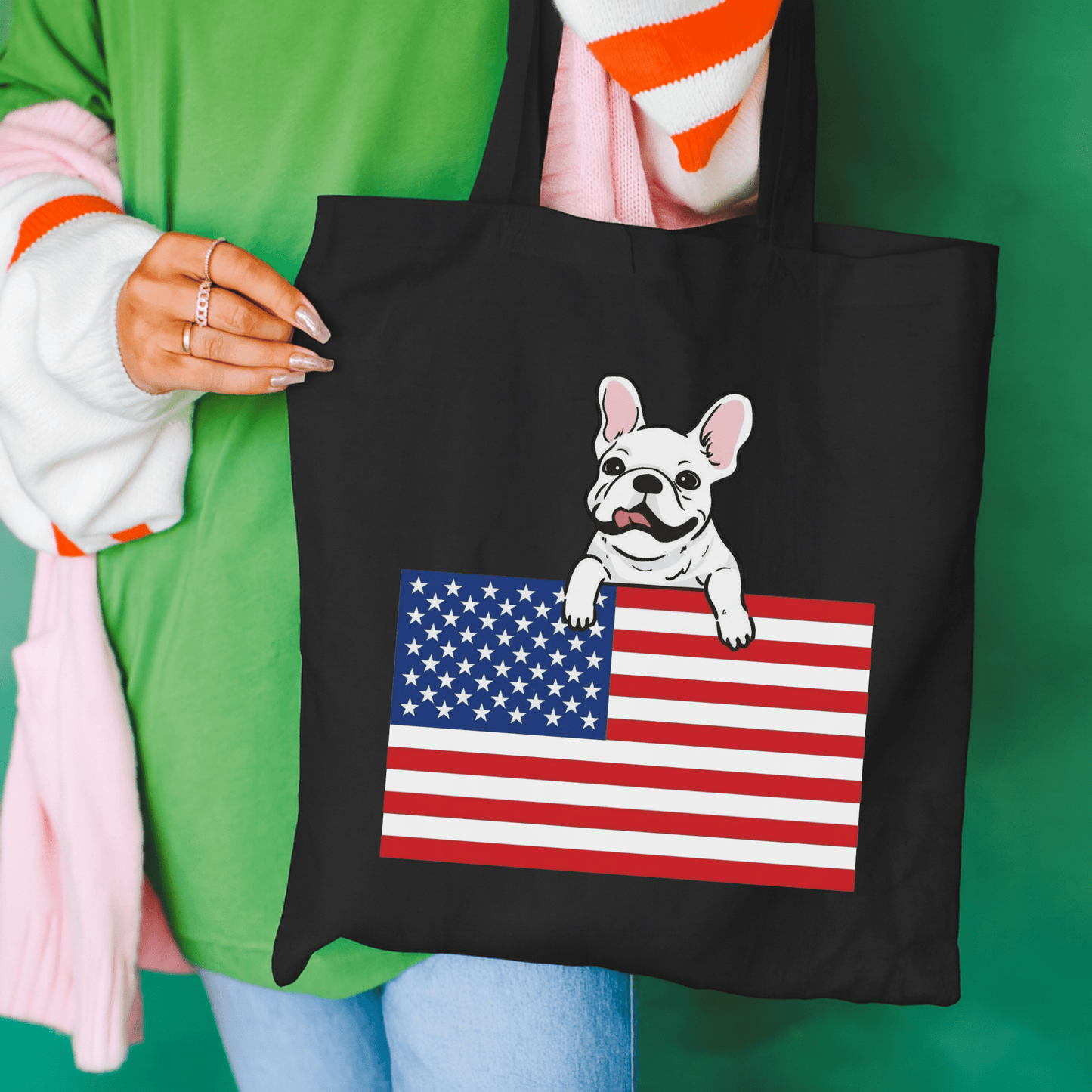 Custom Flag White Frenchie USA Tote Bag Black 15" x 16"