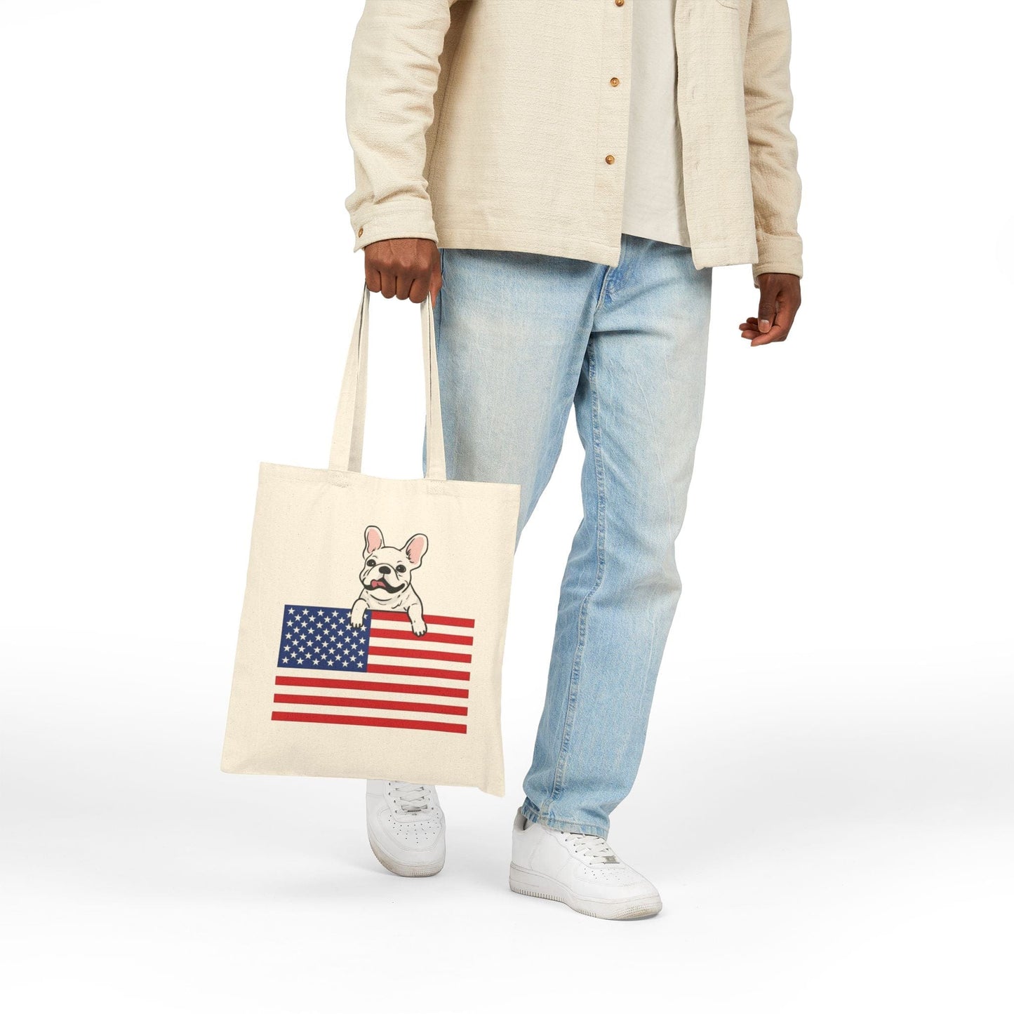 Custom Flag White Frenchie USA Tote Bag
