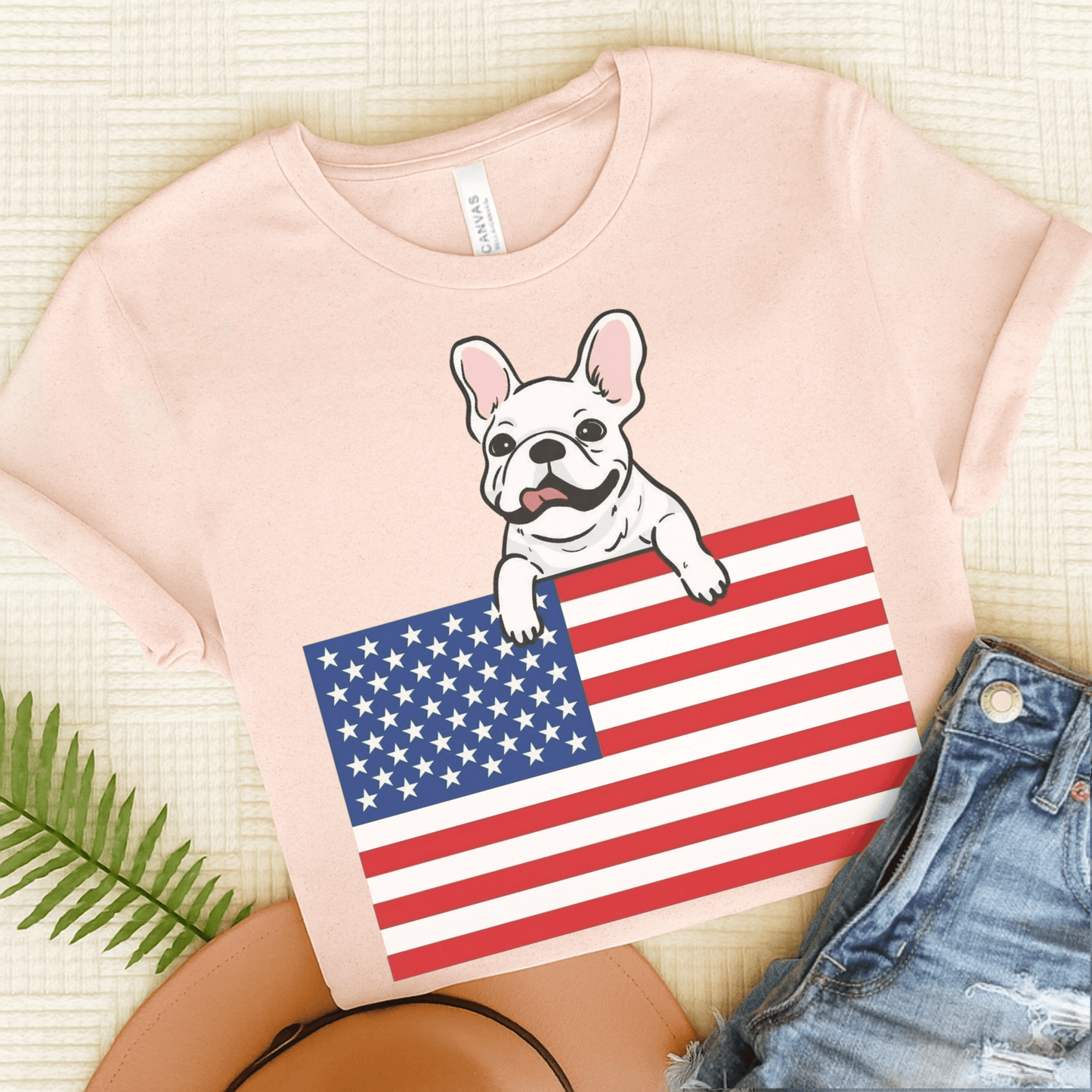 Custom Flag White Frenchie USA TShirt Soft Pink