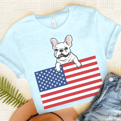 Custom Flag White Frenchie USA TShirt Heather Ice Blue