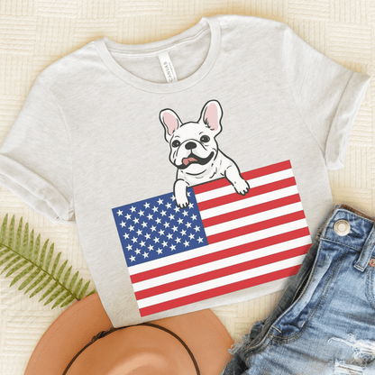 Custom Flag White Frenchie USA TShirt Ash