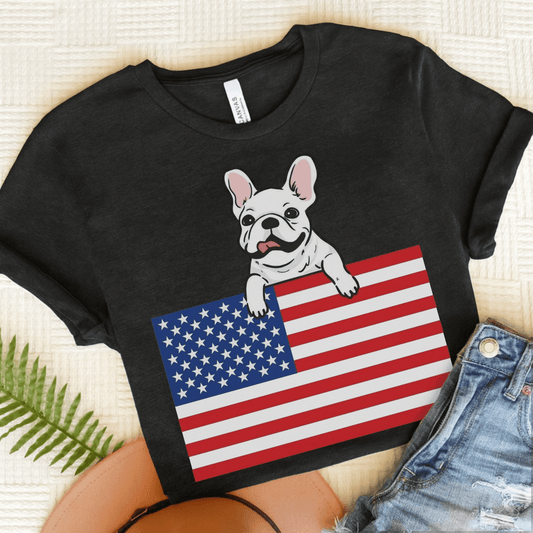 Custom Flag White Frenchie USA TShirt Dark Grey Heather