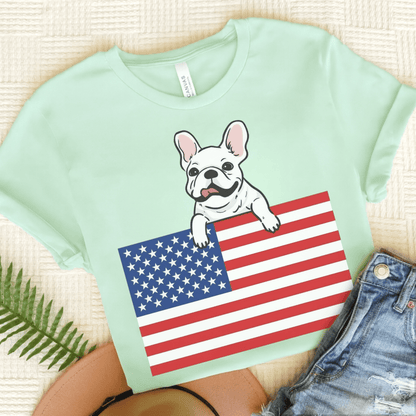 Custom Flag White Frenchie USA TShirt Heather Mint