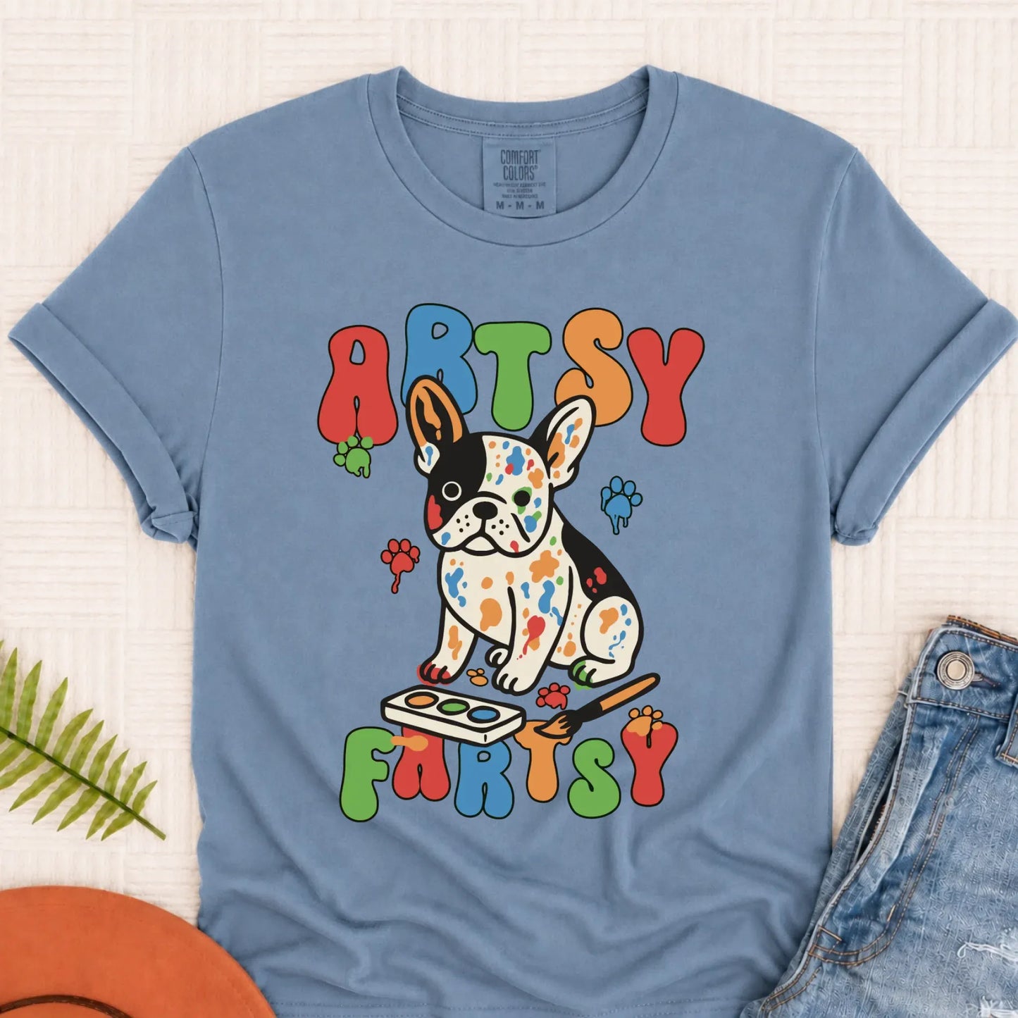 Custom French Bulldog Artsy Fartsy Unisex Tshirt Blue Jean