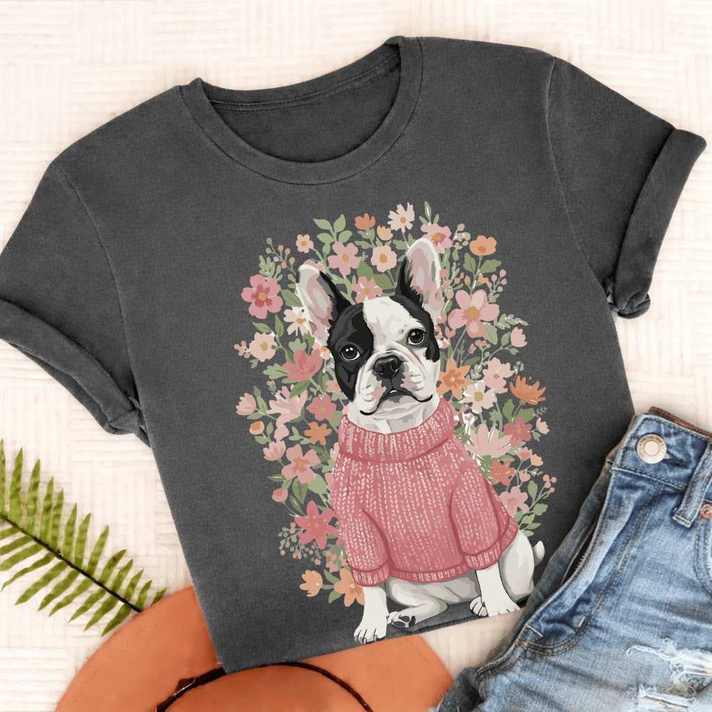 Custom French Bulldog Bouquet Flowers Unisex Tshirt Pepper