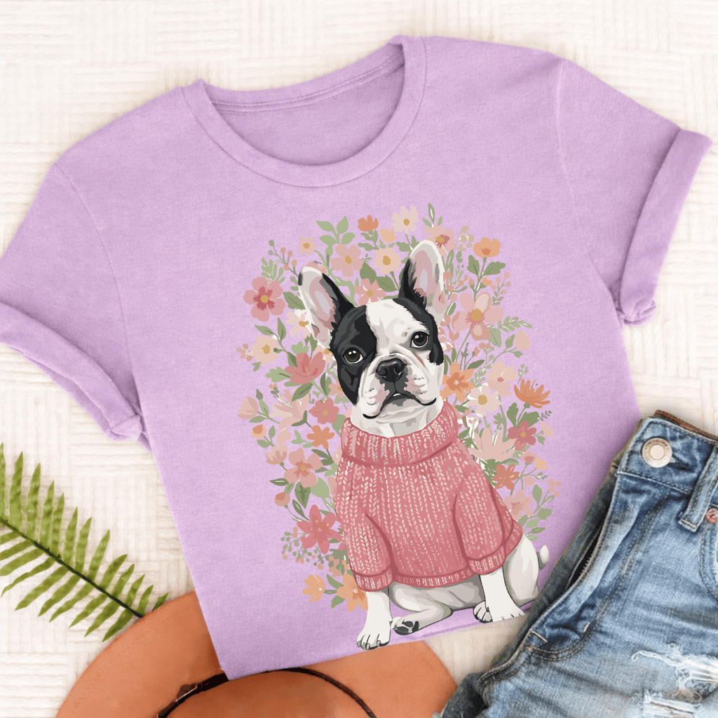 Custom French Bulldog Bouquet Flowers Unisex Tshirt Orchid