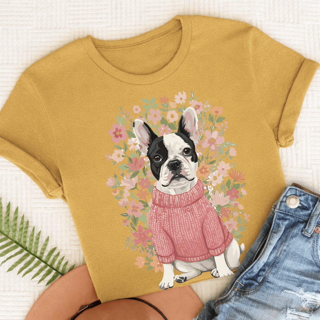 Custom French Bulldog Bouquet Flowers Unisex Tshirt Mustard