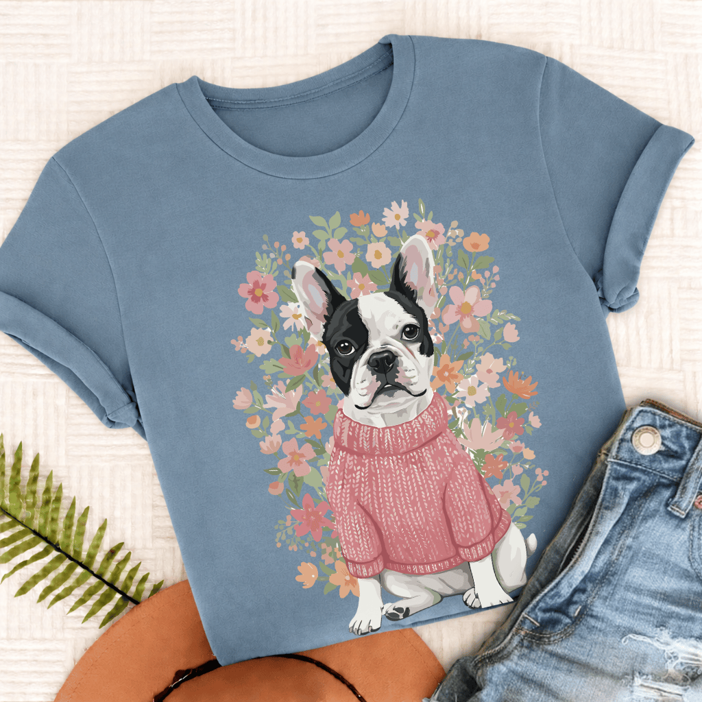 Custom French Bulldog Bouquet Flowers Unisex Tshirt Ice Blue